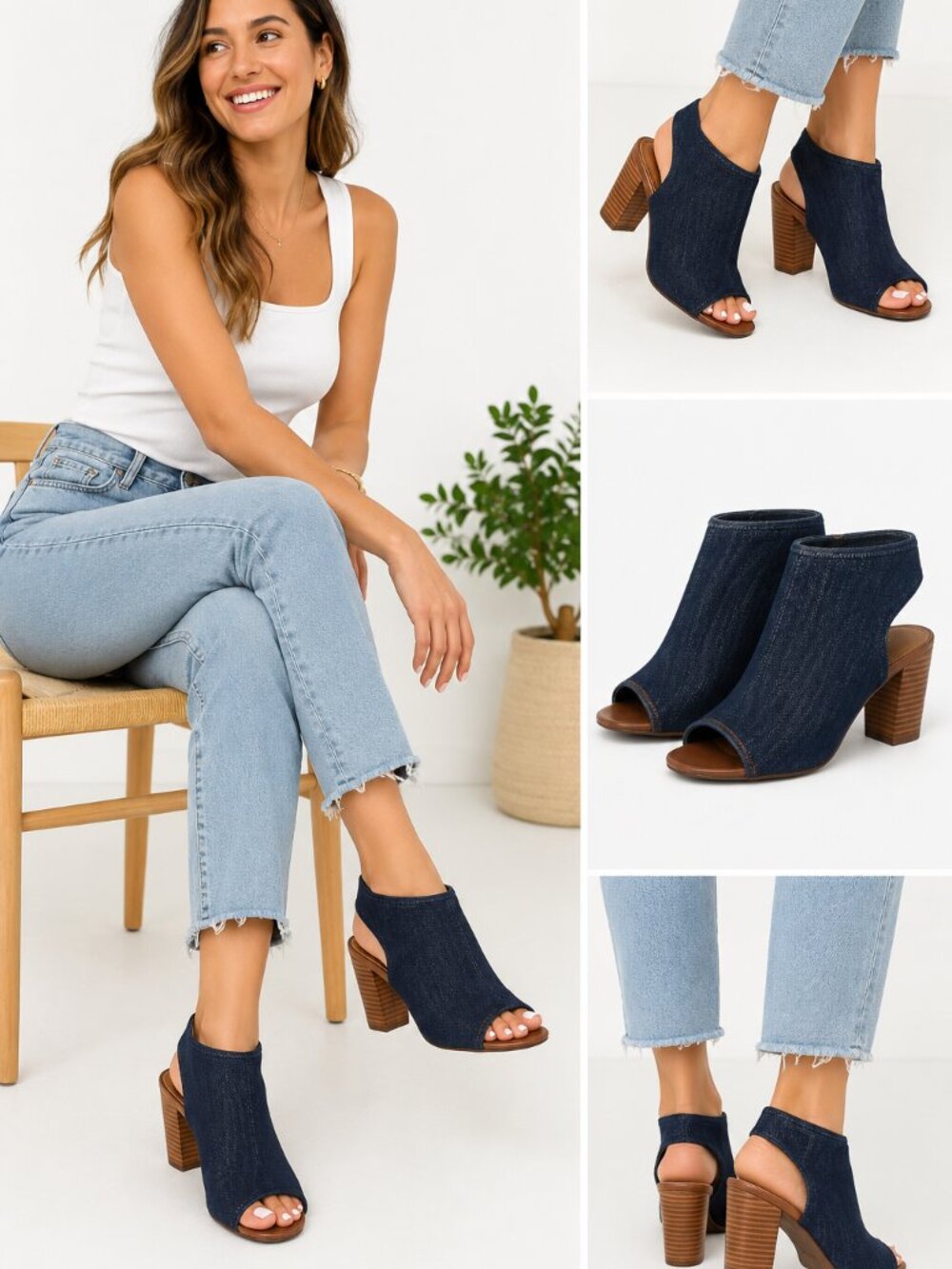 Franco Sarto Denim Peep Toe Block Heel Sandals Open Back Heels Womens 8‎